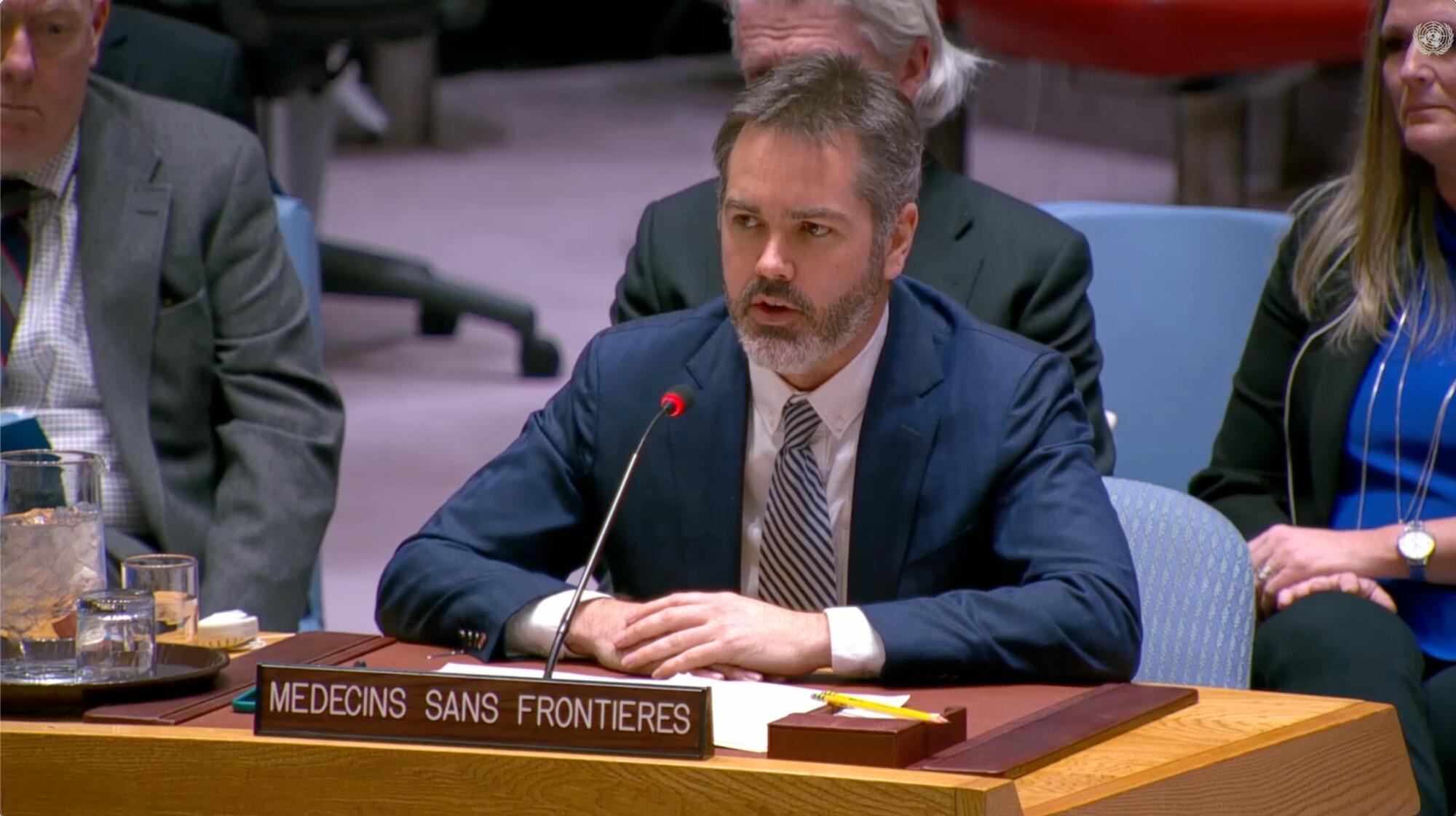 Christopher Lockyear, secrétaire général de MSF, s'est exprimé sur la crise au Soudan devant le Conseil de sécurité des Nations unies le 13 mars 2025. © UN Web TV